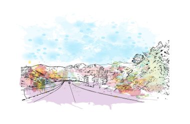 Helena 'nın simgesi olan Print Building Manzarası, Montana' daki bir şehirdir. Vektörde elle çizilmiş resim ile suluboya sıçraması.