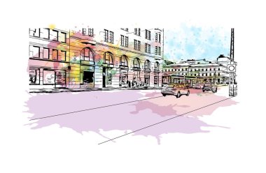 Helsinki 'nin simgesi olan Print Building view, Finlandiya' nın başkentidir. Vektörde elle çizilmiş resim ile suluboya sıçraması.