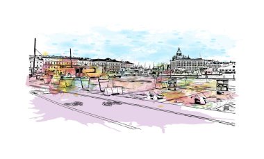 Helsinki 'nin simgesi olan Print Building view, Finlandiya' nın başkentidir. Vektörde elle çizilmiş resim ile suluboya sıçraması.