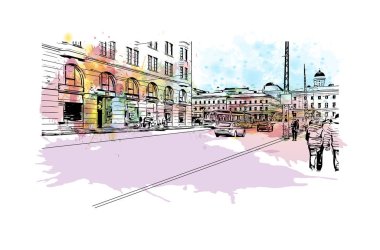 Helsinki 'nin simgesi olan Print Building view, Finlandiya' nın başkentidir. Vektörde elle çizilmiş resim ile suluboya sıçraması.