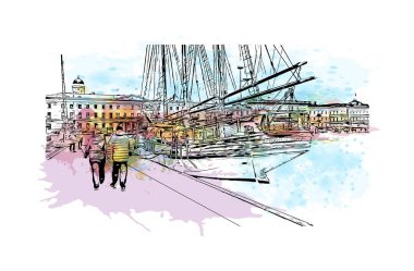 Helsinki 'nin simgesi olan Print Building view, Finlandiya' nın başkentidir. Vektörde elle çizilmiş resim ile suluboya sıçraması.