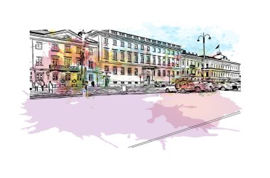 Helsinki 'nin simgesi olan Print Building view, Finlandiya' nın başkentidir. Vektörde elle çizilmiş resim ile suluboya sıçraması.