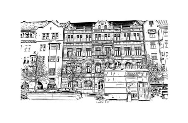 Helsinki 'nin simgesi olan Print Building view, Finlandiya' nın başkentidir. Vektörde elle çizilmiş çizim çizimi.