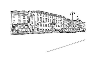 Helsinki 'nin simgesi olan Print Building view, Finlandiya' nın başkentidir. Vektörde elle çizilmiş çizim çizimi.