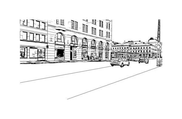 Print Building View Landmark Helsinki Finlands Huvudstad Handritad Skiss Illustration — Stock vektor