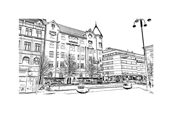 Print Building View Landmark Helsinki Finlands Huvudstad Handritad Skiss Illustration — Stock vektor