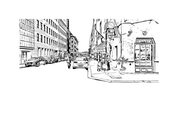 Print Building Vista Com Marco Helsinque Capital Finlândia Desenho Desenhado —  Vetores de Stock
