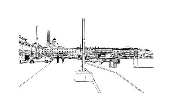 Print Gebouwenzicht Met Bezienswaardigheid Helsinki Hoofdstad Van Finland Handgetekende Schets — Stockvector