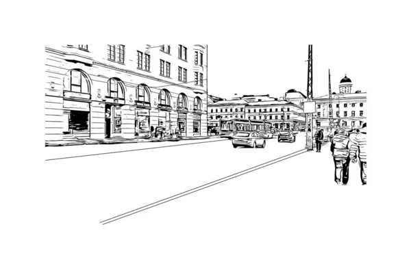 Print Building Vista Com Marco Helsinque Capital Finlândia Desenho Desenhado — Vetor de Stock