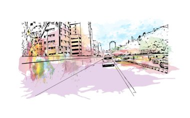 Print Building view with landmark of Karachi is the largest city in Pakistan. Vektörde elle çizilmiş resim ile suluboya sıçraması.