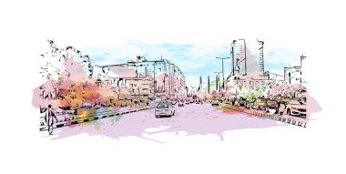 Print Building view with landmark of Karachi is the largest city in Pakistan. Vektörde elle çizilmiş resim ile suluboya sıçraması.