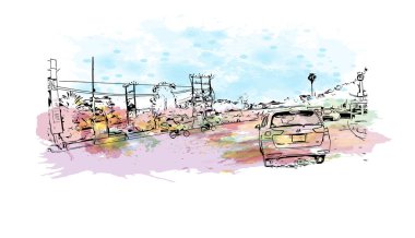 Print Building view with landmark of Karachi is the largest city in Pakistan. Vektörde elle çizilmiş resim ile suluboya sıçraması.