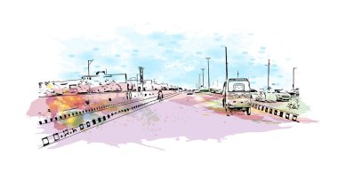 Print Building view with landmark of Karachi is the largest city in Pakistan. Vektörde elle çizilmiş resim ile suluboya sıçraması.