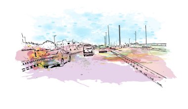 Print Building view with landmark of Karachi is the largest city in Pakistan. Vektörde elle çizilmiş resim ile suluboya sıçraması.