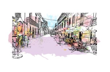 La Laguna, İspanya 'da bir şehirdir. Vektörde elle çizilmiş resim ile suluboya sıçraması.