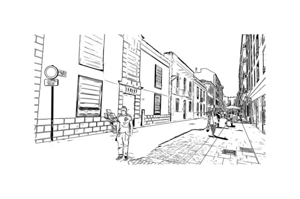 印刷ラ ラグーナのランドマークとビルの景色はスペインの街です 手描きのスケッチ図ベクトル — ストックベクタ