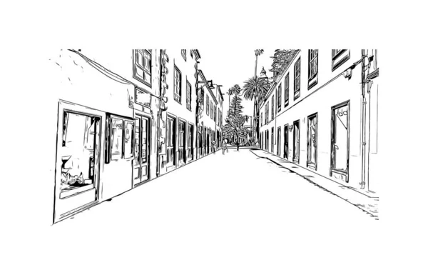 Print Building Vista Com Marco Laguna Cidade Espanha Desenho Desenhado — Vetor de Stock