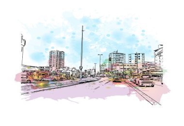 La Manga del Mar Menor manzaralı bir deniz kenarı tükürüğü İspanya 'dır. Vektörde elle çizilmiş resim ile suluboya sıçraması.