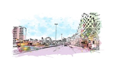 La Manga del Mar Menor manzaralı bir deniz kenarı tükürüğü İspanya 'dır. Vektörde elle çizilmiş resim ile suluboya sıçraması.