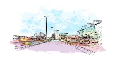 La Manga del Mar Menor manzaralı bir deniz kenarı tükürüğü İspanya 'dır. Vektörde elle çizilmiş resim ile suluboya sıçraması.