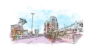 La Manga del Mar Menor manzaralı bir deniz kenarı tükürüğü İspanya 'dır. Vektörde elle çizilmiş resim ile suluboya sıçraması.