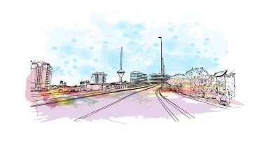 La Manga del Mar Menor manzaralı bir deniz kenarı tükürüğü İspanya 'dır. Vektörde elle çizilmiş resim ile suluboya sıçraması.