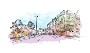 La Manga del Mar Menor manzaralı bir deniz kenarı tükürüğü İspanya 'dır. Vektörde elle çizilmiş resim ile suluboya sıçraması.