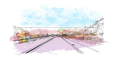 La Manga del Mar Menor manzaralı bir deniz kenarı tükürüğü İspanya 'dır. Vektörde elle çizilmiş resim ile suluboya sıçraması.