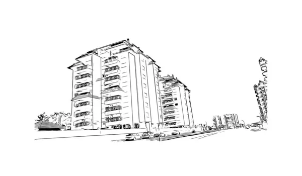 Imprimir Vista Del Edificio Con Hito Manga Del Mar Menor — Vector de stock