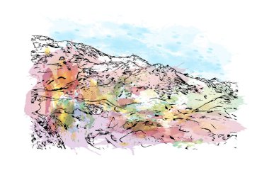 Print Building view, La Plagne, Fransa 'nın Tarentaise bölgesinde yer alan bir kayak alanıdır. Vektörde elle çizilmiş resim ile suluboya sıçraması.