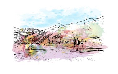 Print Building view, La Plagne, Fransa 'nın Tarentaise bölgesinde yer alan bir kayak alanıdır. Vektörde elle çizilmiş resim ile suluboya sıçraması.