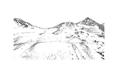 Print Building view, La Plagne, Fransa 'nın Tarentaise bölgesinde yer alan bir kayak alanıdır. Vektörde elle çizilmiş çizim çizimi.