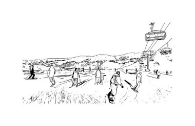 Print Building view, La Plagne, Fransa 'nın Tarentaise bölgesinde yer alan bir kayak alanıdır. Vektörde elle çizilmiş çizim çizimi.