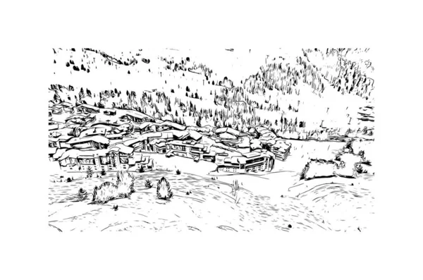 印刷ラ プラーニュのランドマークとビルディングビューは タレンテの高山渓谷にあるフランスのスキー場です 手描きのスケッチ図ベクトル — ストックベクタ