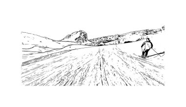 Print Building view, La Plagne, Fransa 'nın Tarentaise bölgesinde yer alan bir kayak alanıdır. Vektörde elle çizilmiş çizim çizimi.