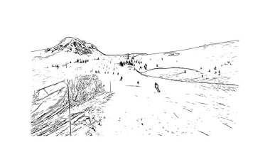 Print Building view, La Plagne, Fransa 'nın Tarentaise bölgesinde yer alan bir kayak alanıdır. Vektörde elle çizilmiş çizim çizimi.