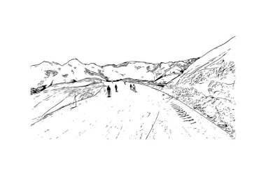 Print Building view, La Plagne, Fransa 'nın Tarentaise bölgesinde yer alan bir kayak alanıdır. Vektörde elle çizilmiş çizim çizimi.