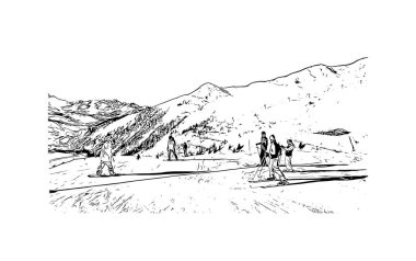 Print Building view, La Plagne, Fransa 'nın Tarentaise bölgesinde yer alan bir kayak alanıdır. Vektörde elle çizilmiş çizim çizimi.