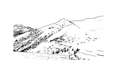 Print Building view, La Plagne, Fransa 'nın Tarentaise bölgesinde yer alan bir kayak alanıdır. Vektörde elle çizilmiş çizim çizimi.