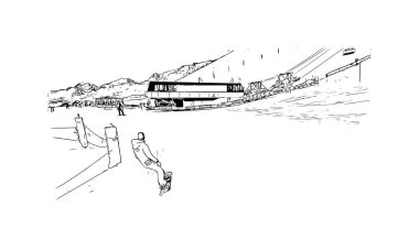 Print Building view, La Plagne, Fransa 'nın Tarentaise bölgesinde yer alan bir kayak alanıdır. Vektörde elle çizilmiş çizim çizimi.