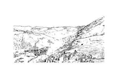 Print Building view, La Plagne, Fransa 'nın Tarentaise bölgesinde yer alan bir kayak alanıdır. Vektörde elle çizilmiş çizim çizimi.