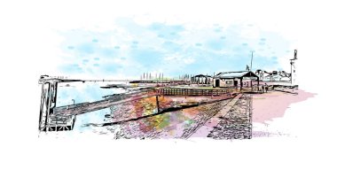 La Rochelle 'in simgesi olan Print Building View, Fransa' da bir şehirdir. Vektörde elle çizilmiş resim ile suluboya sıçraması.