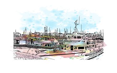 La Rochelle 'in simgesi olan Print Building View, Fransa' da bir şehirdir. Vektörde elle çizilmiş resim ile suluboya sıçraması.