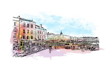 La Rochelle 'in simgesi olan Print Building View, Fransa' da bir şehirdir. Vektörde elle çizilmiş resim ile suluboya sıçraması.