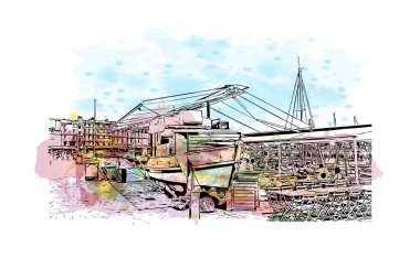 La Rochelle 'in simgesi olan Print Building View, Fransa' da bir şehirdir. Vektörde elle çizilmiş resim ile suluboya sıçraması.