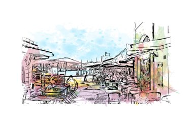 La Rochelle 'in simgesi olan Print Building View, Fransa' da bir şehirdir. Vektörde elle çizilmiş resim ile suluboya sıçraması.