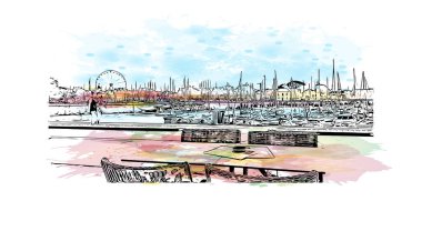 La Rochelle 'in simgesi olan Print Building View, Fransa' da bir şehirdir. Vektörde elle çizilmiş resim ile suluboya sıçraması.