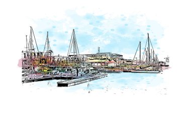 La Rochelle 'in simgesi olan Print Building View, Fransa' da bir şehirdir. Vektörde elle çizilmiş resim ile suluboya sıçraması.