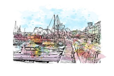 La Rochelle 'in simgesi olan Print Building View, Fransa' da bir şehirdir. Vektörde elle çizilmiş resim ile suluboya sıçraması.