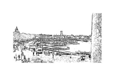 La Rochelle 'in simgesi olan Print Building View, Fransa' da bir şehirdir. Vektörde elle çizilmiş çizim çizimi.